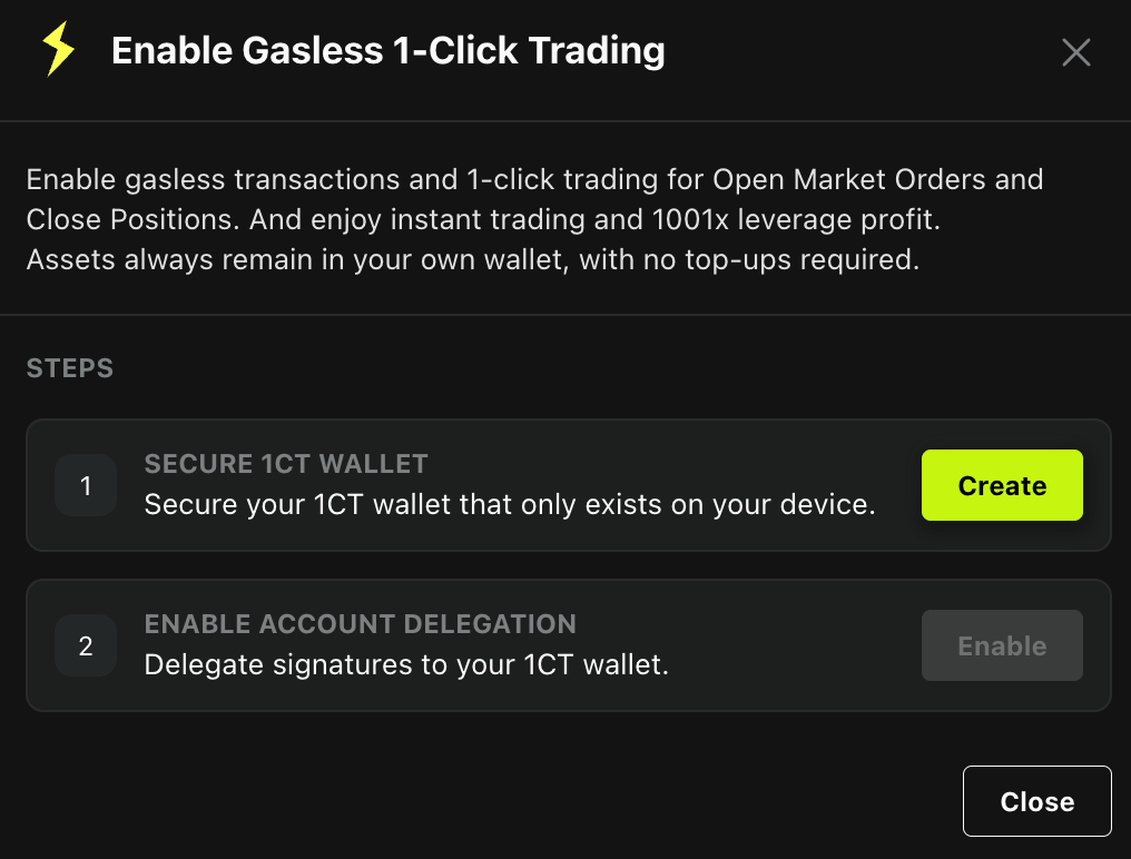 The Enable Gasless 1-Click Trading dialog